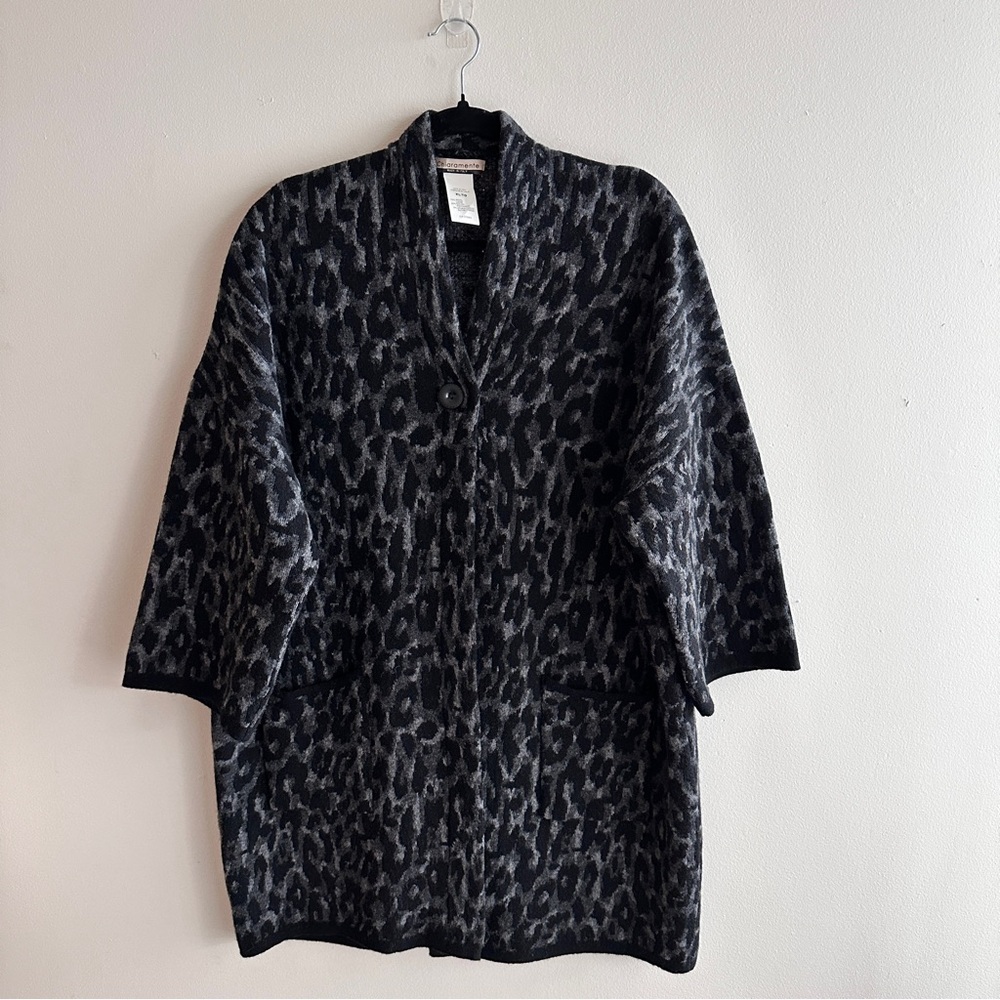 Chiaramente Womens Black Gray Wool Blend Cheetah Print Cardigan Sweater XL
